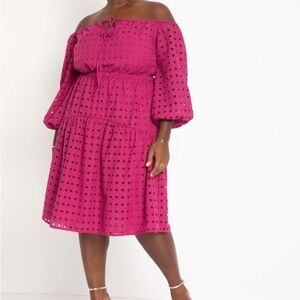 Eyelet Off The Shoulder Dress in Boysenberry